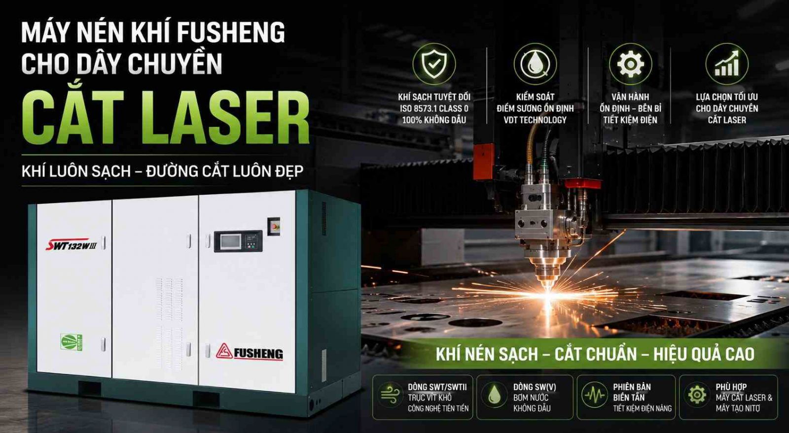 Máy nén khí cho máy cắt laser Fusheng SWTII không dầu dùng cho hệ thống cắt laser fiber