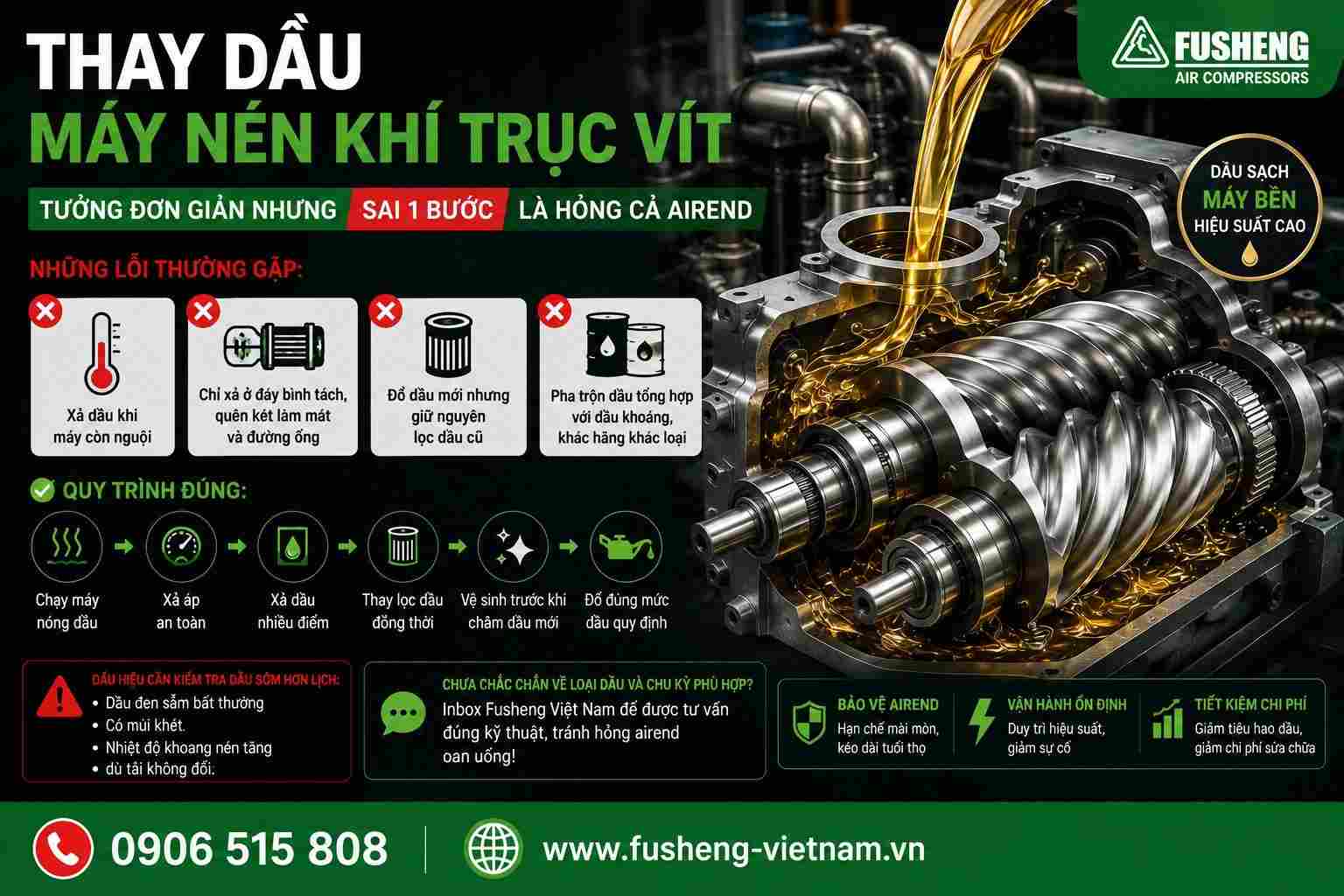 Thay dầu máy nén khí trục vít đúng kỹ thuật giúp bảo vệ airend và kéo dài tuổi thọ máy