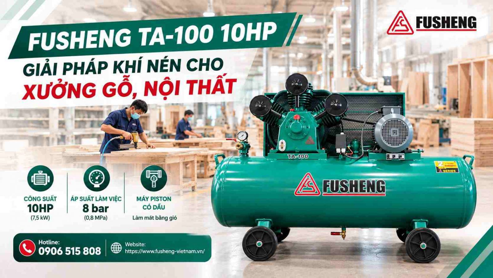 Máy nén khí Fusheng TA-100 10HP vận hành trong xưởng sản xuất gỗ, nội thất